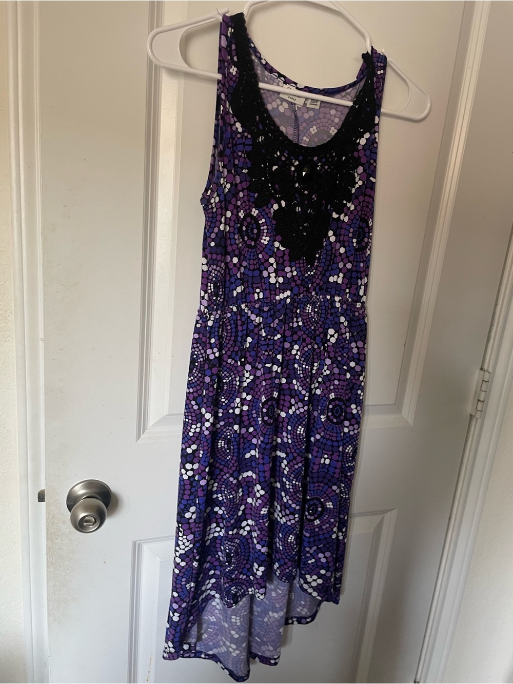 Cato Purple Mosaic High-Low Dress with Black Lace Yoke